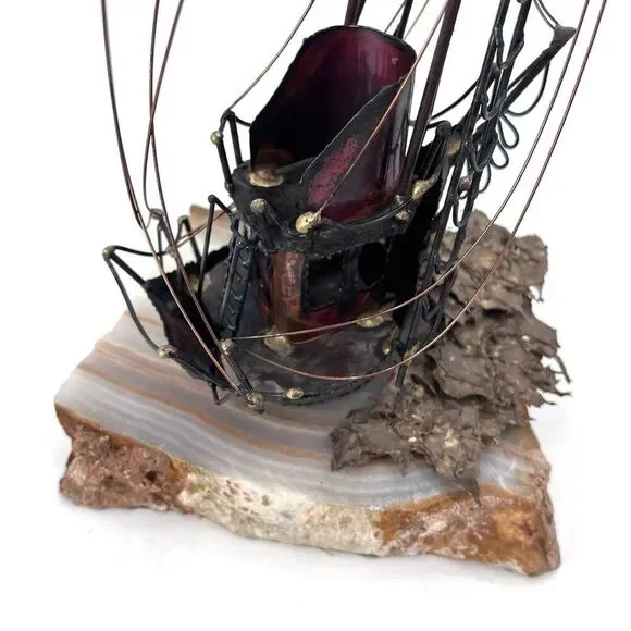 Vintage Nautical Decor Sculpture Copper Metal Sailboat On Marble Stone Base - Picture 9 of 10